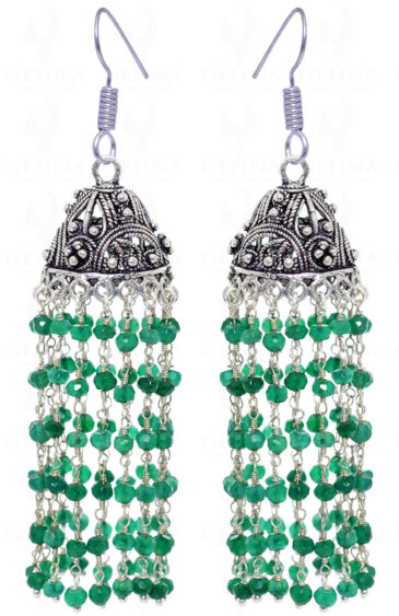 Green Onyx Faceted Knotted Beads In Silver With Oxidized Jhumki GE06-1025