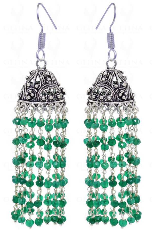 Green Onyx Faceted Knotted Beads In Silver With Oxidized Jhumki GE06-1025