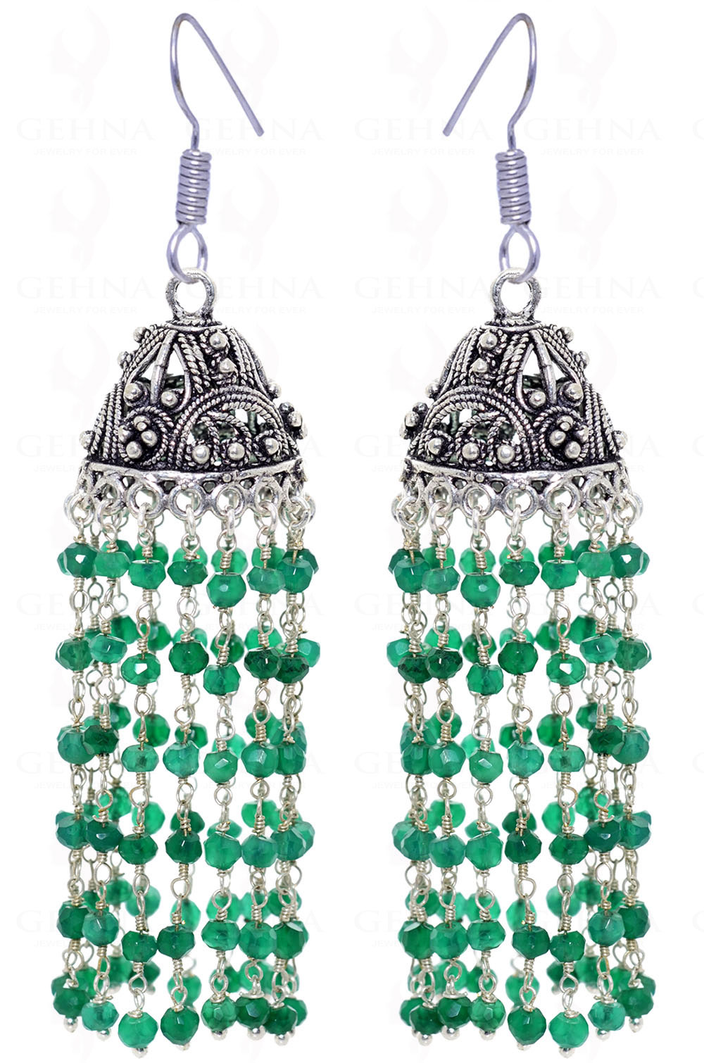 Green Onyx Faceted Knotted Beads In Silver With Oxidized Jhumki GE06-1025