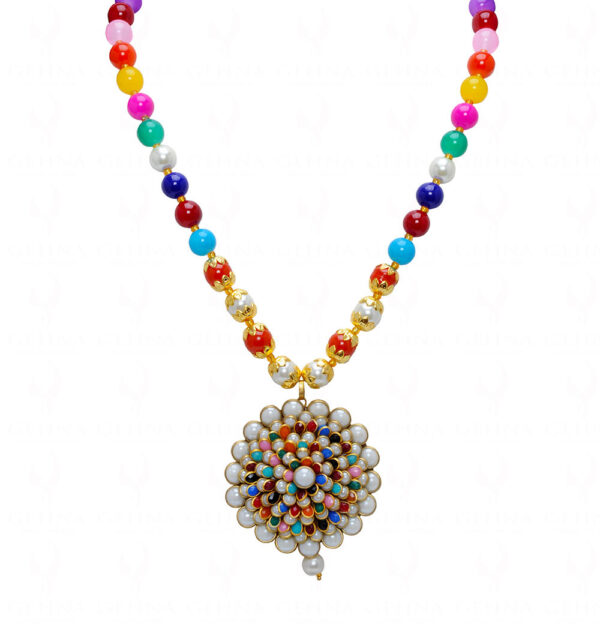 Pearl & Multi Color Stone Studded Pacchi Pendant & Earring Set - PN-1027