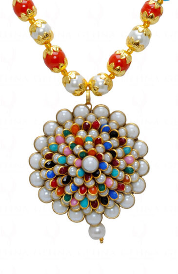 Pearl & Multi Color Stone Studded Pacchi Pendant & Earring Set – PN-1027