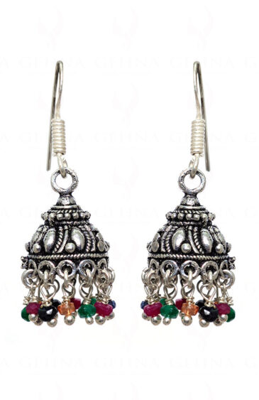 Ruby, Emerald & Sapphire Gemstone Bead Jhumki In .925 Silver Overlay GE06-1028