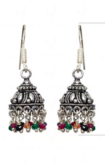 Ruby, Emerald & Sapphire Gemstone Bead Jhumki In .925 Silver Overlay GE06-1028