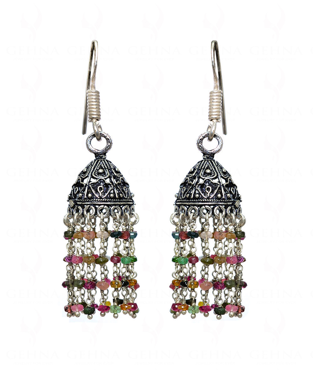 Multi Tourmaline Gemstone Bead Jhumki In .925 Silver Overlay GE06-1029