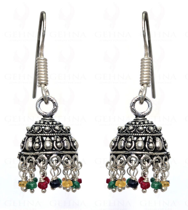 Ruby, Emerald & Sapphire Gemstone Bead Jhumki In .925 Silver Overlay GE06-1030