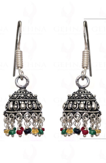 Ruby, Emerald & Sapphire Gemstone Bead Jhumki In .925 Silver Overlay GE06-1030
