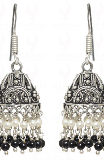 Pearl & Black Spinel Gemstone Bead Jhumki In .925 Silver Overlay GE06-1031
