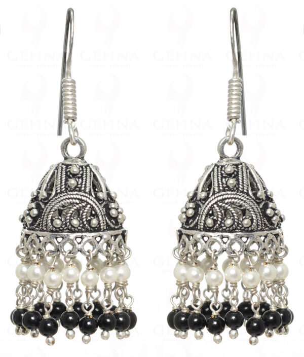 Pearl & Black Spinel Gemstone Bead Jhumki In .925 Silver Overlay GE06-1031