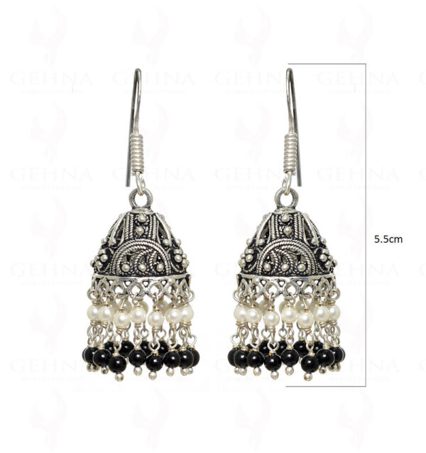 Pearl & Black Spinel Gemstone Bead Jhumki In .925 Silver Overlay GE06-1031