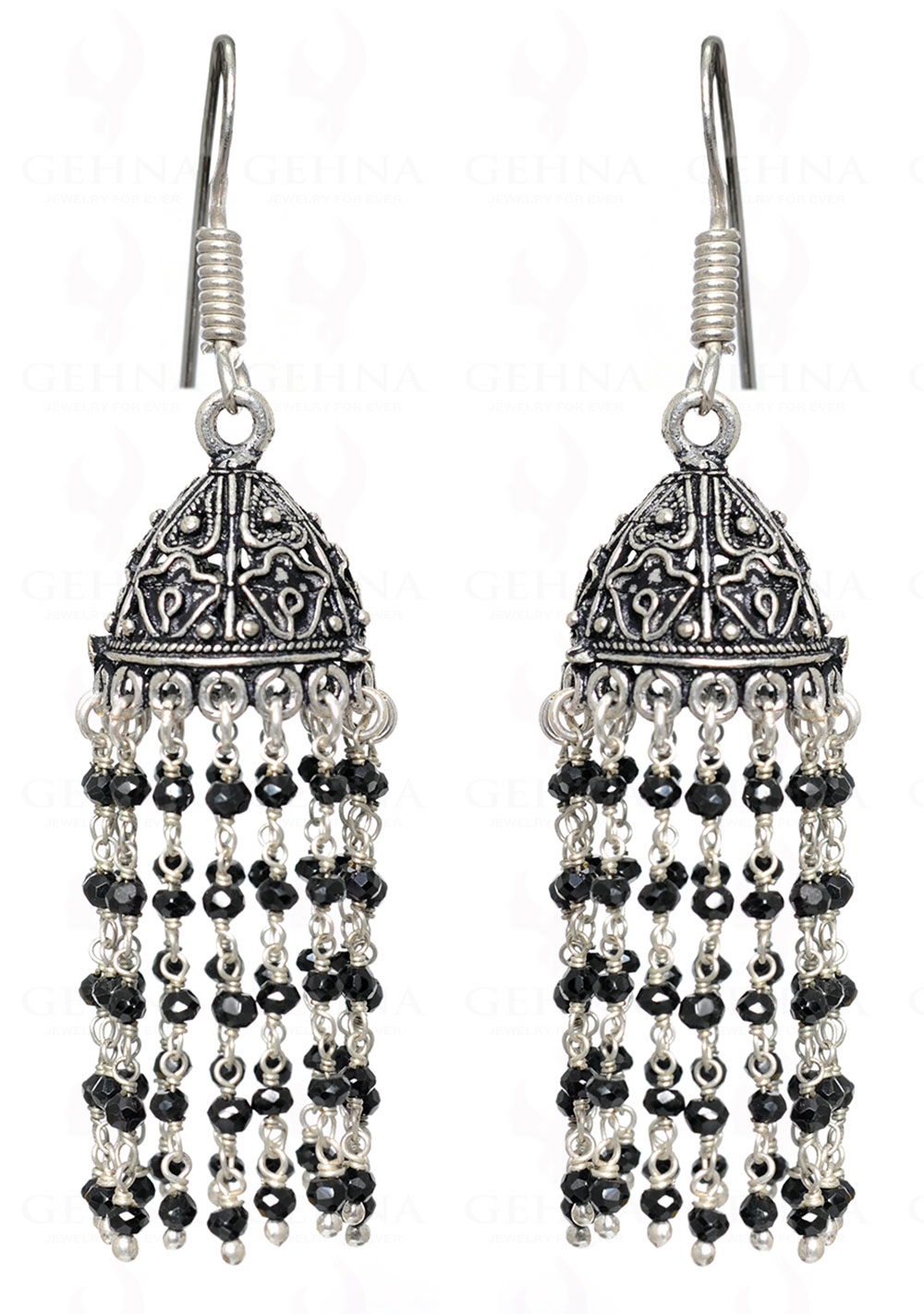 Black Spinel Gemstone Faceted Bead Jhumki In .925 Silver Overlay GE06-1032