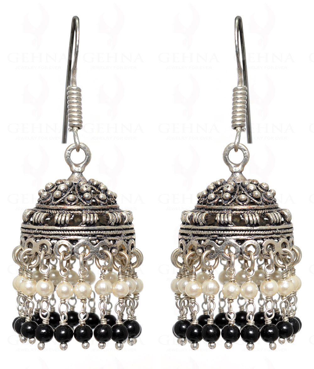 Black Spinel Gemstone Faceted Bead Jhumki In .925 Silver Overlay GE06-1033