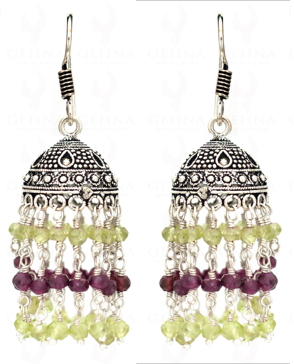 Red Garnet & Peridot Gemstone Jhumki In.925 Silver Overlay GE06-1040