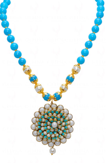 Turquoise & Pearl Studded Pacchi Art Pendant & Earring Set – PN-1040