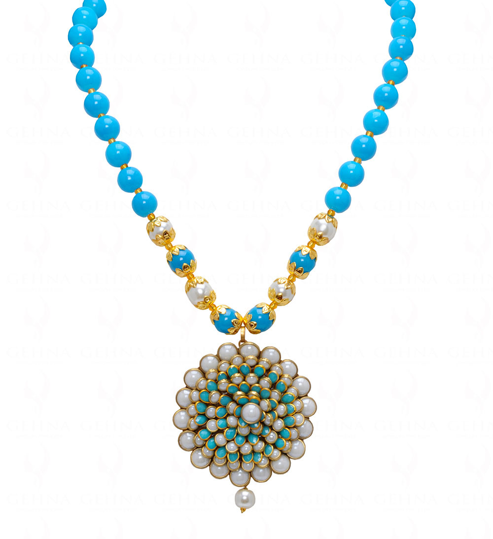 Turquoise & Pearl Studded Pacchi Art Pendant & Earring Set - PN-1040