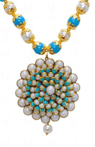 Turquoise & Pearl Studded Pacchi Art Pendant & Earring Set – PN-1040