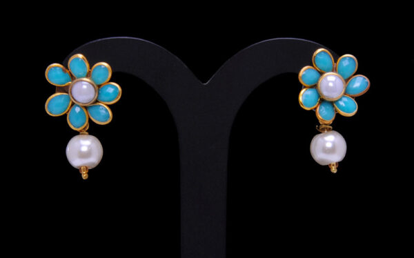 Turquoise & Pearl Studded Pacchi Art Pendant & Earring Set - PN-1040
