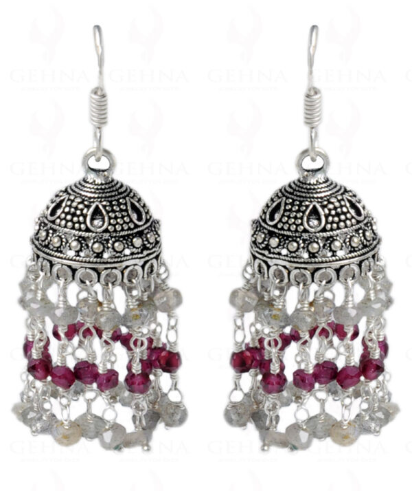 Garnet & Labradorite Gemstone Studded Jhumki In Silver GE06-1042