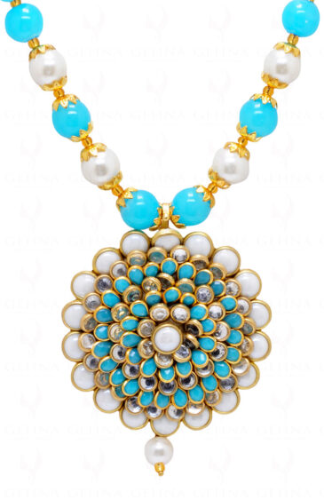 Kundan Pearl & Blue Chalcedony Color Stone Studded Pendant & Earring Set – PN-1042