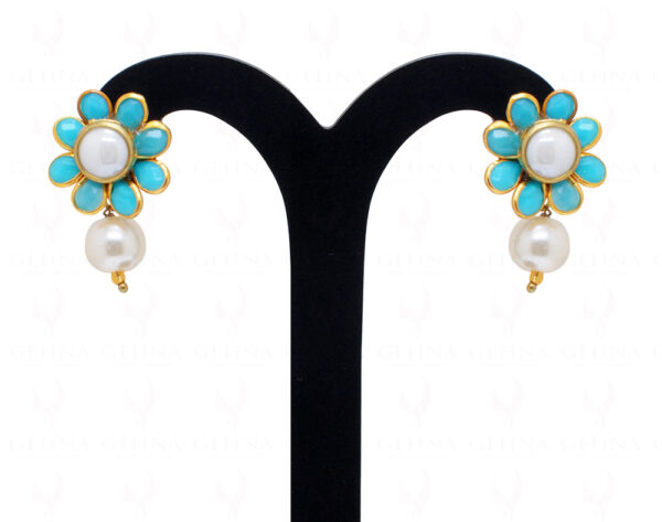Kundan Pearl & Blue Chalcedony Color Stone Studded Pendant & Earring Set - PN-1042