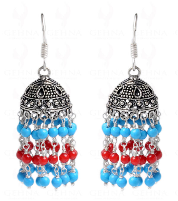 Turquoise & Red Jasper Gemstone Studded Jhumki In.925 Silver Overlay GE06-1044