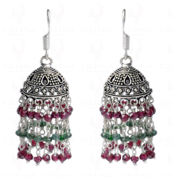 Garnet & Green Onyx Gemstone Faceted Bead Jhumki In Silver GE06-1046