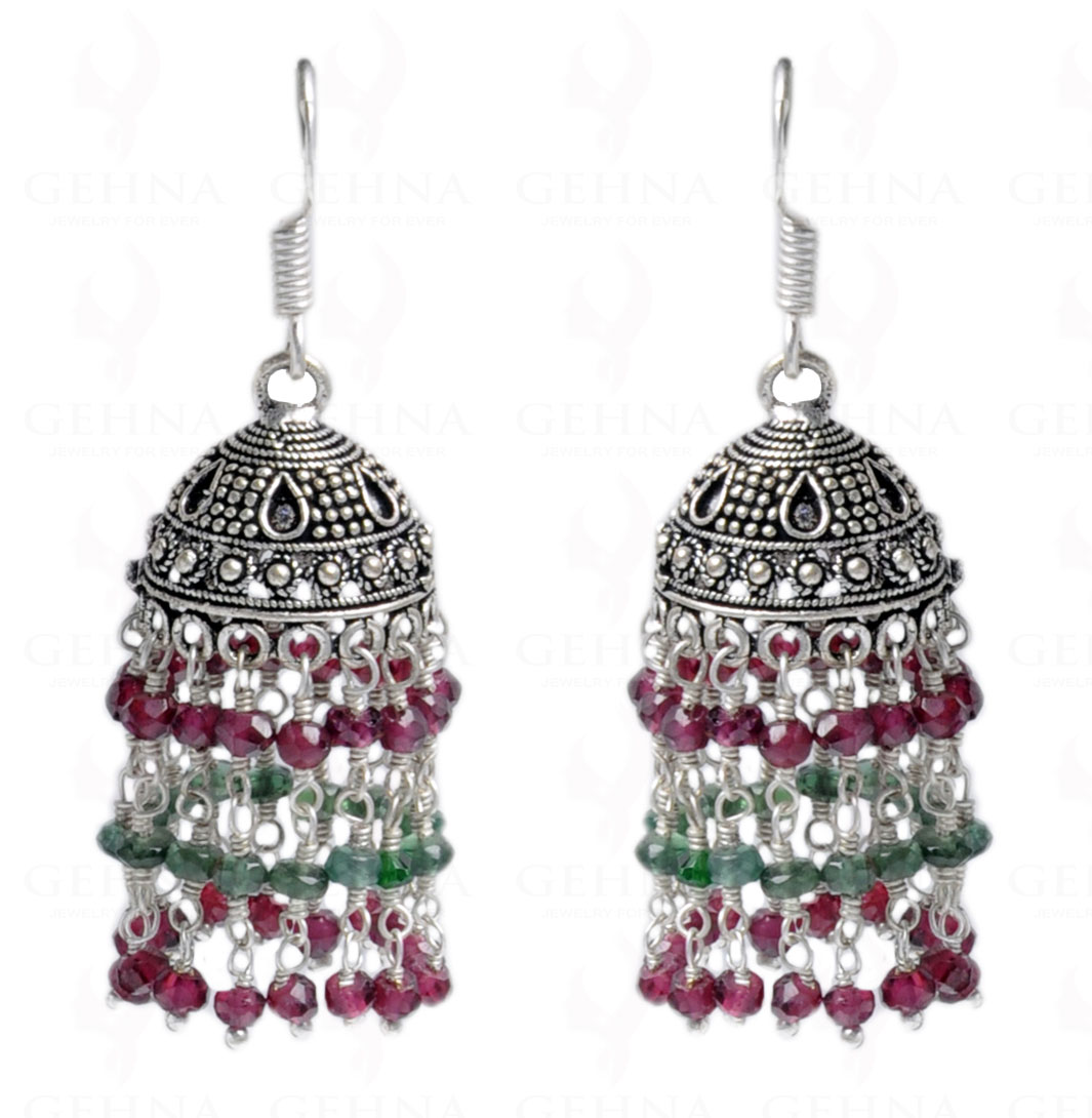 Garnet & Green Onyx Gemstone Faceted Bead Jhumki In Silver GE06-1046