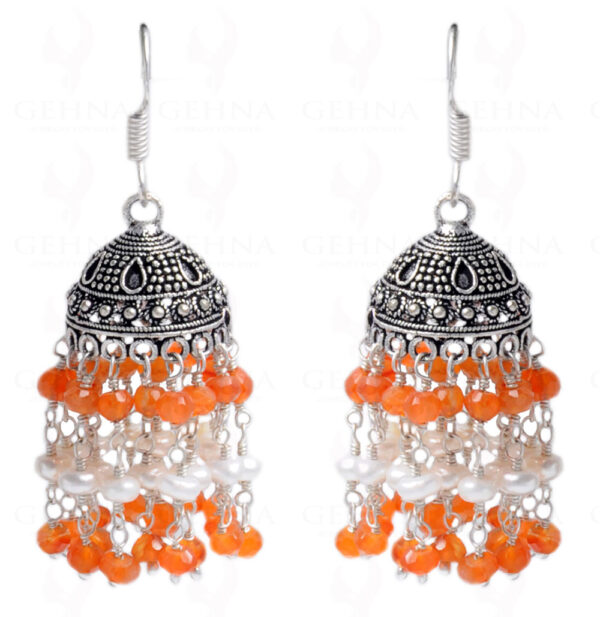 Pearl & Carnelian Gemstone Studded Faceted Bead Jhumki In Silver GE06-1048