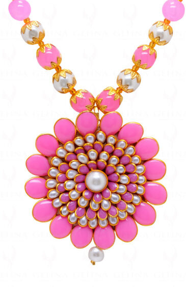 Pearl & Pink Chalcedony Color Stone Pendant & Earring Set – PN-1048