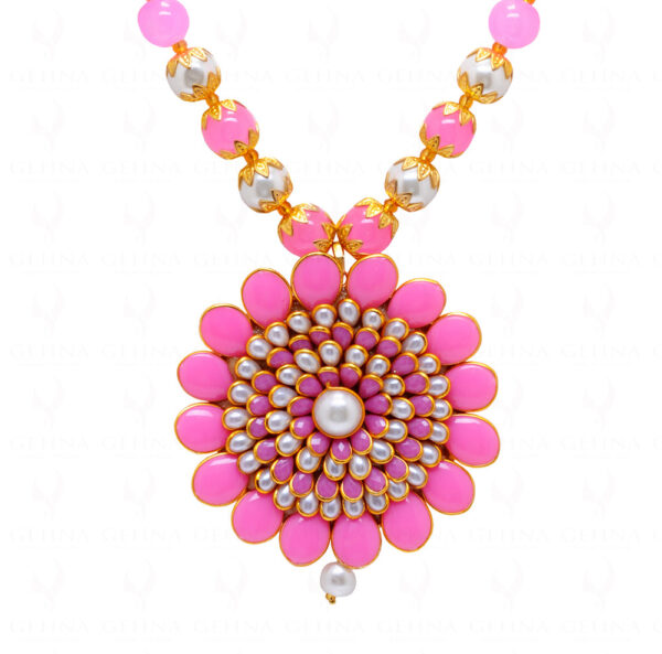 Pearl & Pink Chalcedony Color Stone Pendant & Earring Set - PN-1048