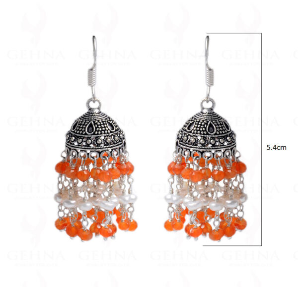 Pearl & Carnelian Gemstone Studded Faceted Bead Jhumki In Silver GE06-1048