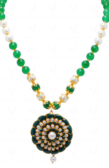 Pearl & Green Onyx Color Stone Studded Pacchi Pendant & Earring Set – PN-1049