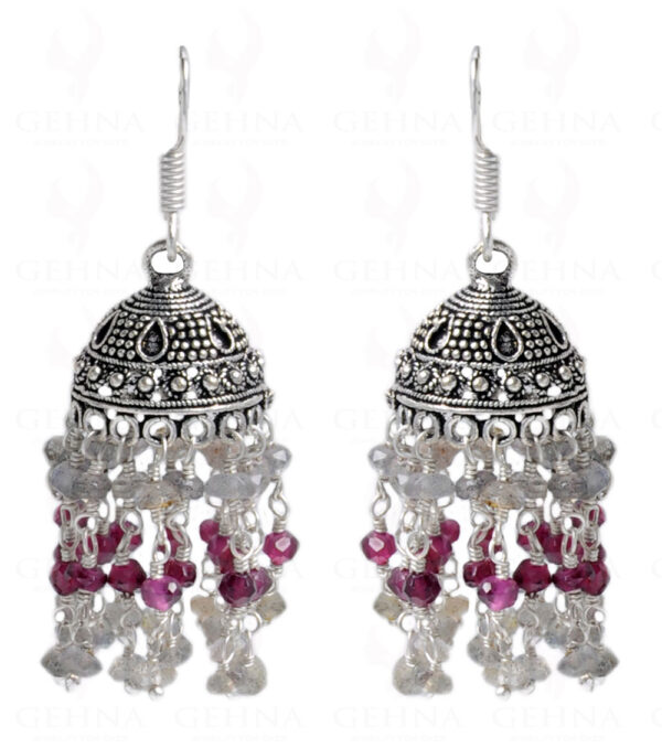 Garnet & Labradorite Gemstone Studded Jhumki In Silver GE06-1049