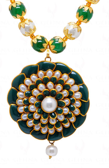 Pearl & Green Onyx Color Stone Studded Pacchi Pendant & Earring Set – PN-1049