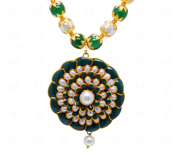 Pearl & Green Onyx Color Stone Studded Pacchi Pendant & Earring Set - PN-1049