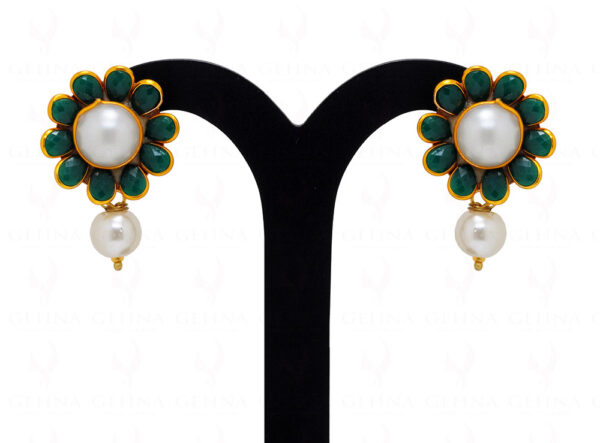 Pearl & Green Onyx Color Stone Studded Pacchi Pendant & Earring Set - PN-1049