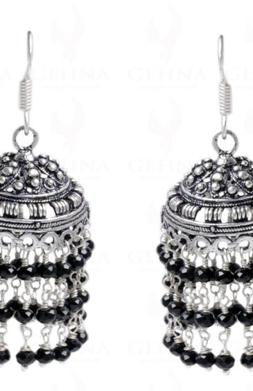 Black Onyx Gemstone Studded Faceted Bead Jhumki In Silver GE06-1050