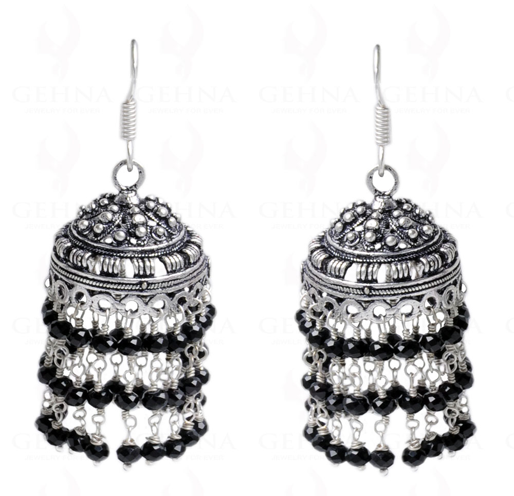 Black Onyx Gemstone Studded Faceted Bead Jhumki In Silver GE06-1050