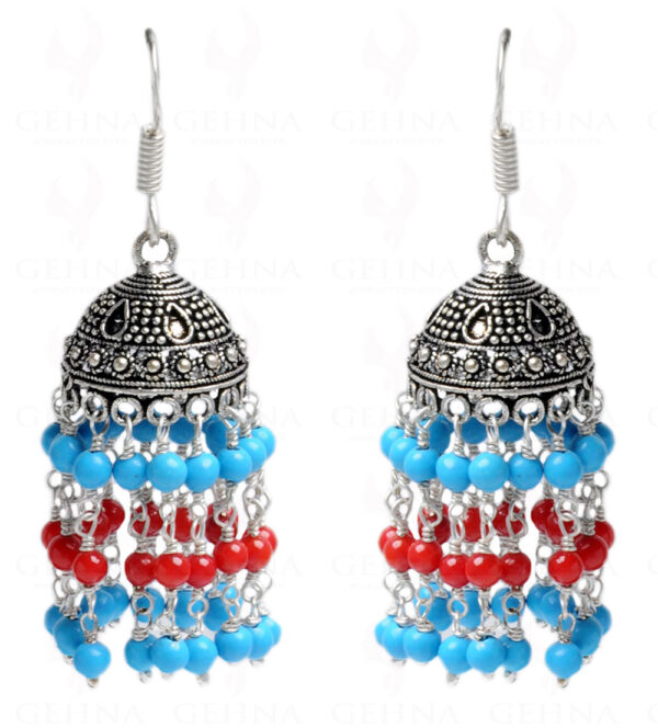 Turquoise & Red Jasper Gemstone Studded Jhumki In.925 Silver Overlay GE06-1051