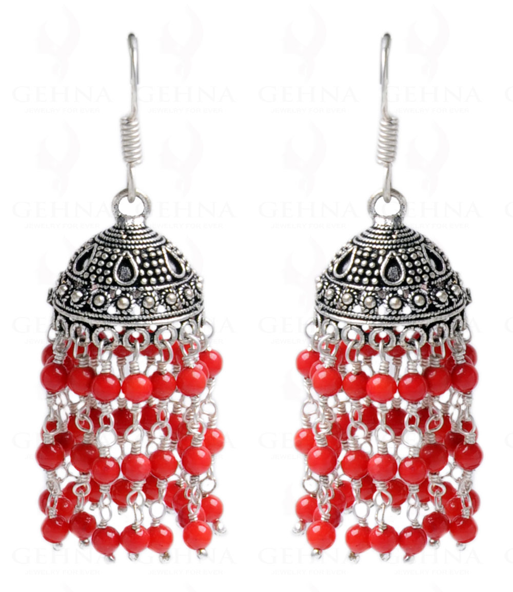 Coral Gemstone Studded Bead Jhumki In Silver GE06-1052