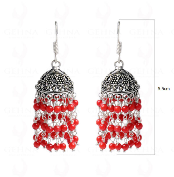 Coral Gemstone Studded Bead Jhumki In Silver GE06-1052