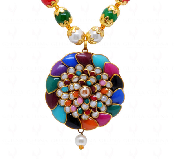 Multi Color Stone Studded Pacchi Pendant & Earring Set - PN-1053