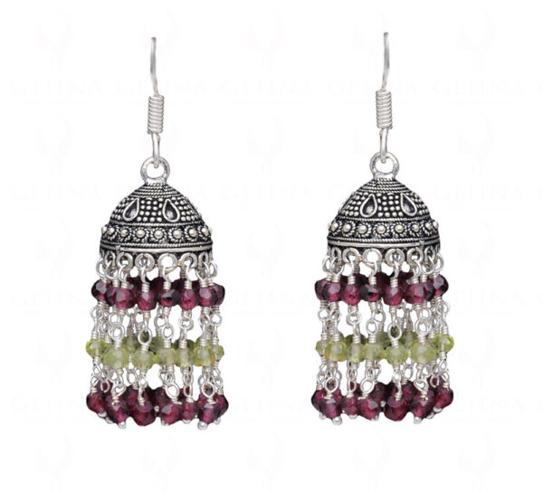 Garnet & Peridot Gemstone Jhumki Style Earrings In .925 Silver Overlay GE06-1054