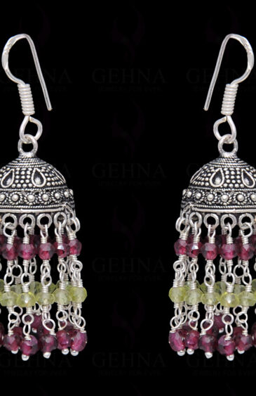 Garnet & Peridot Gemstone Jhumki Style Earrings In .925 Silver Overlay GE06-1054