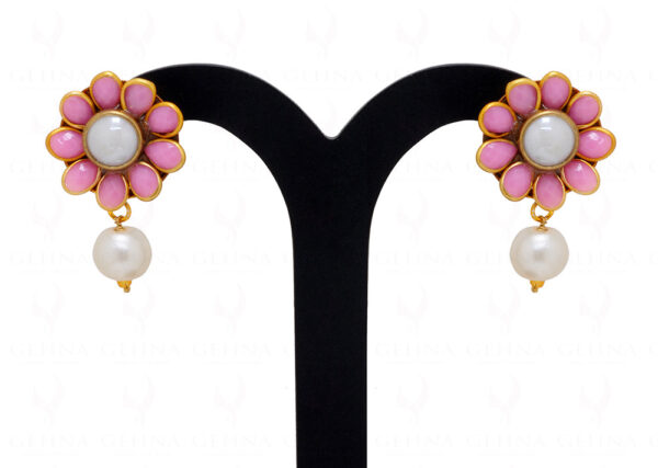 Pearl & Pink Chalcedony Color Stone Pendant & Earring Set - PN-1054