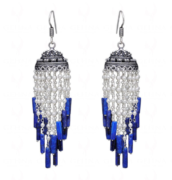 Pearl & Lapis Lazuli Gemstone Jhumki Style Earrings In Silver GE06-1055