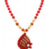 Pearl & Red Coral Color Stone Studded Pendant & Earring Set - PN-1055