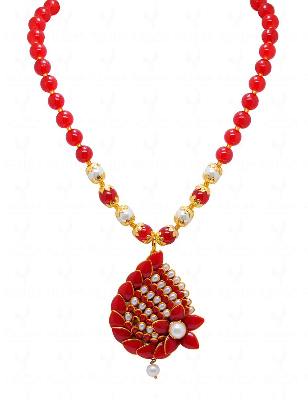 Pearl & Red Coral Color Stone Studded Pendant & Earring Set - PN-1055