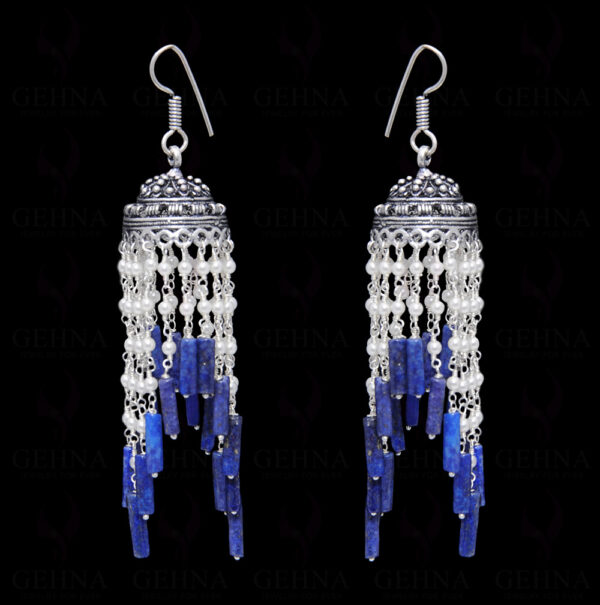 Pearl & Lapis Lazuli Gemstone Jhumki Style Earrings In Silver GE06-1055