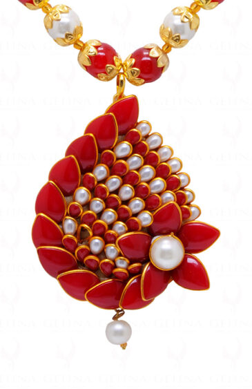 Pearl & Red Coral Color Stone Studded Pendant & Earring Set – PN-1055