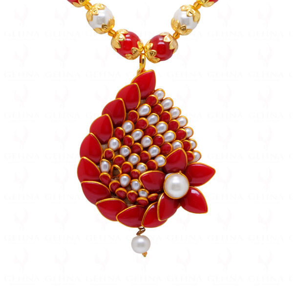 Pearl & Red Coral Color Stone Studded Pendant & Earring Set - PN-1055